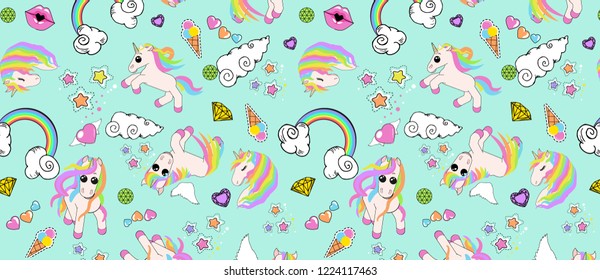 pattern with unicorns, rainbow, clouds, heart with wings, lips, stars on blue background