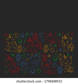 Pattern with unicorns, rainbow, confetti and other elements. Vector background with stickers, pins, patches in cartoon. Cats and dogs.