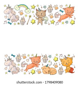 Pattern with unicorns, rainbow, confetti and other elements. Vector background with stickers, pins, patches in cartoon. Cats and dogs.