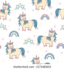 Pattern with unicorns and rainbows. Unicorns for children's clothing