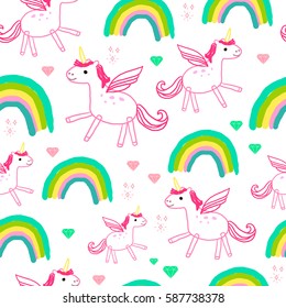 Pattern of unicorns and rainbows. Vector illustration.

