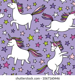 Pattern with unicorns and stars. Seamless pattern. Purple background.
