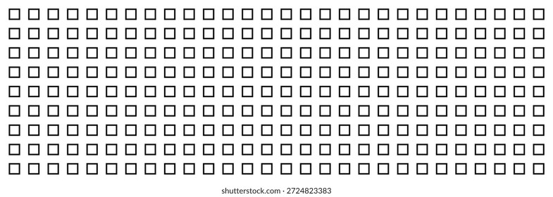 Patrón de cuadrados de contorno negro uniforme organizado en una cuadrícula, aislado sobre fondo blanco, ilustración gráfica. concepto de diseño geométrico, fondo abstracto, Fondo de pantalla. Amplio Anuncio.