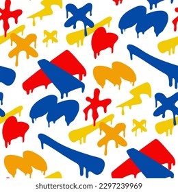 A pattern of unique elements of stripes, hearts, spots in the style of graffiti. Dripping paint, splashes, grunge. Hand-drawn fashionable vector illustration as a background for printing packaging