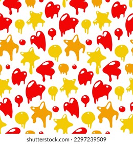 A pattern of unique hearts, balls and stars in the style of graffiti. Dripping paint, brushstroke, ink splashes, grunge. Hand-drawn fashionable vector illustration as background for printing packaging