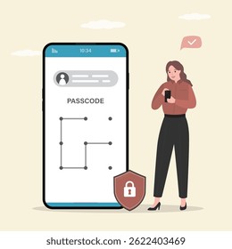 Pattern unlock passcode, concept, business woman enter passcode on smartphone. Security system on mobile phone. User authentication. Profile identification. flat vector illustration
