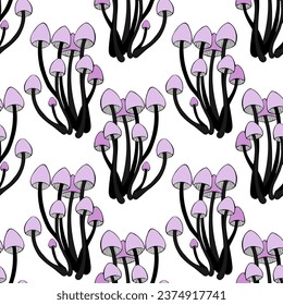 Pattern with unreal fantastic purple pink mushrooms, fairy plants, on white background.