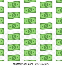 Pattern of Uzbekistani sum banknotes on transparent background with mini doodle (icon) and green color. Vector Illustration
