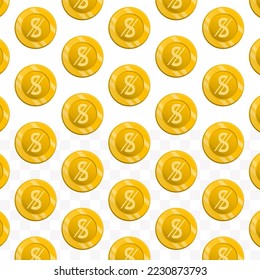 Pattern of Uzbekistani sum coins on transparent background with mini doodle (icons) and gold color. Vector Illustration