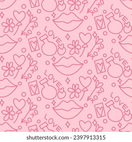 Pattern Valentine with Lips, Arrows of Cupid and Heats on a Pink. Valentines Day Background. Trendy Modern Vector Illustration.