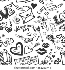 Pattern of Valentines cute doodles and design elements.
