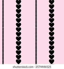 Pattern for Valentine's Day. Black hearts in lines on pink background. Simple line seamless design. Seamless pattern for making clothes, wallpapers, backgrounds, cards.