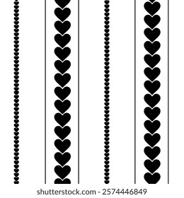 Pattern for Valentine's Day. Black hearts in lines on white background. Simple line seamless design. Seamless pattern for making clothes, wallpapers, backgrounds, cards.