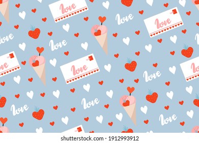 Pattern for Valentine's Day. Blue background with red and white hearts. Ice cream scoops with sprinkles in a waffle cone, with strawberries and a stick for decoration. Love lettering. Decorative paper