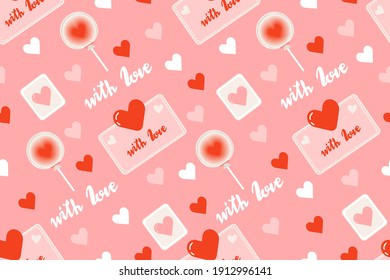 
Pattern for Valentine's Day. Delicate pink background with red hearts, round lollipops in transparent packaging. Valentines with a declaration of love. Small pictures, photographs and an inscription 