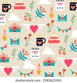 Pattern with Valentine's Day elements in flat style, with soft and colorful colors, with cup, cake marshmallows, notebook, flowers, gifts, plants, letters and heart.