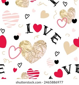 Patrón Día de San Valentín con corazones de oro y rojo sobre fondo transparente, Plantilla, decoración para textil, póster, tarjeta, Fondo de pantalla, embalaje, cubierta, Web, sin costuras, Vector