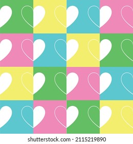 Pattern for Valentine's day, with hearts and colors: pink, blue, yellow and green