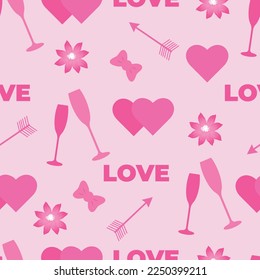  Pattern for Valentine's Day with hearts, glasses, arrows, flowers on a pink background.