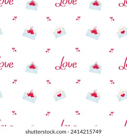 Pattern for Valentine's Day. Illustration with love objects. Cards for lovers, letters, love package, love letter. Inscription Love. Vector illustration