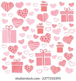 Pattern for Valentine's Day - Pink Gift boxes and a lot of hearts in flat style on white background. Symbol of love. Vector illustration.