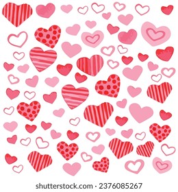 Patrón para el Día de San Valentín - muchos corazones rosados y rojos en un estilo plano sobre fondo blanco. Símbolo de amor. Ilustración vectorial.