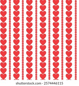 Pattern for Valentine's Day. Red hearts in lines.Simple line seamless design. Seamless pattern for making clothes, wallpapers, backgrounds, cards.