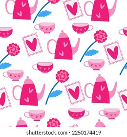 pattern valentine's day with teapots, cups, hearts and flowers