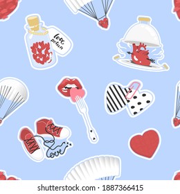 Pattern for Valentine's Day. Vector illustration. Print, poster, paper, textile and card design. Heart, love, romantic, celebrating, merry, wedding, potion, parachute, shoes, dish, myocardium. 