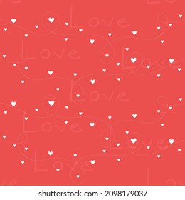 pattern for Valentine's Day or a wedding with hearts and the text love on a red-pink background. Seamless background for packaging, printing, bags, underwear