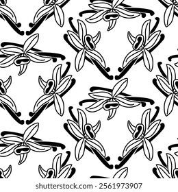 pattern of vanilla silhouettes in Art Deco style. Vanilla sticks, vanilla flower and pods. aroma, food. Hand-drawn. Vector illustration of an orchid flower on a white. repetitive symmetrical motif