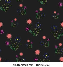 Pattern with varicolored flowers and plants in fictional style