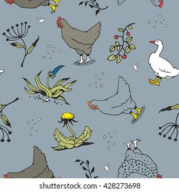 pattern with variegated chickens, gooses and herbs vector illustration
