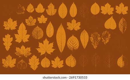 A pattern of various autumn leaves is displayed on a textured brownish background.