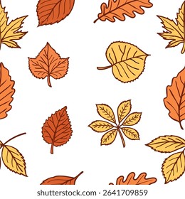 A pattern of various autumn leaves in shades of orange and yellow on a white background. The leaves are of different shapes and sizes, representing the fall season.