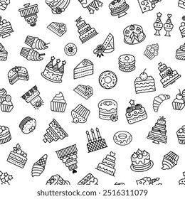 Padrão de vários bolos e sobremesas em preto e branco. Ilustração vetorial