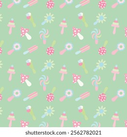 Pattern of various children's rattles on a green background