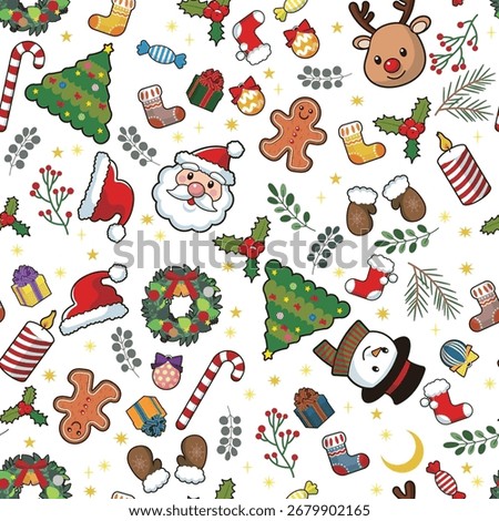 a pattern with various Christmas motifs such as Santa, trees, and reindeer scattered across it