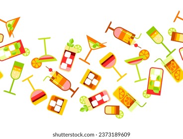 Pattern with various cocktails. Alcoholic drinks and in glasses.