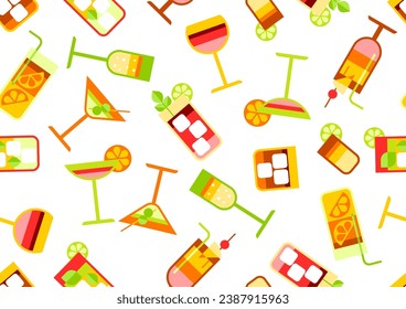 Pattern with various cocktails. Alcoholic drinks and in glasses.