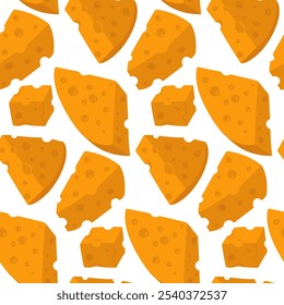 pattern of various cubes and triangular pieces of yellow cheese with holes. a flat illustration of cheeses in different positions, in groups and individual slices, texture of pieces of dairy products.