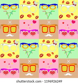 pattern various fashionable glasses on beautiful colored backgrounds