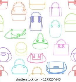 Pattern from various fashionable women s handbags of different colors. Linear style.