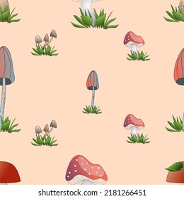 Pattern of various forest mushrooms and grass