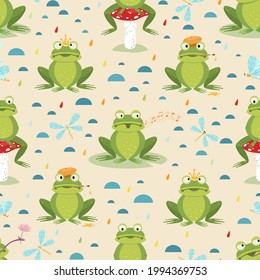 Pattern various funny frogs: artist  princess  singing frog  frog sitting the toadstool mushroom   playing and dragonfly 