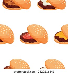 pattern of various hamburgers with wheat buns, beef patty and various fresh vegetables, for World Burger Day