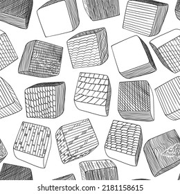  pattern of various hand-drawn textured volumetric cubes on a white square background. Used for printing on paper, fabric, packaging, wallpaper. Eps10.