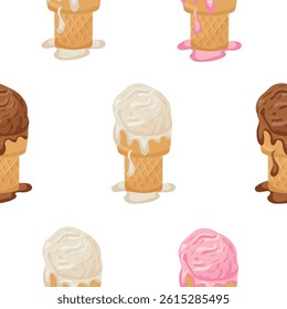 pattern with various ice creams of different flavors and colors in waffle cups, for various summer designs