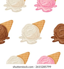 pattern with various ice creams of different flavors and colors in waffle cones, for various summer designs