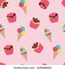 Pattern of various ice creams with sprinkles and berries. Ice cream cones. Element template. Flat vector.	